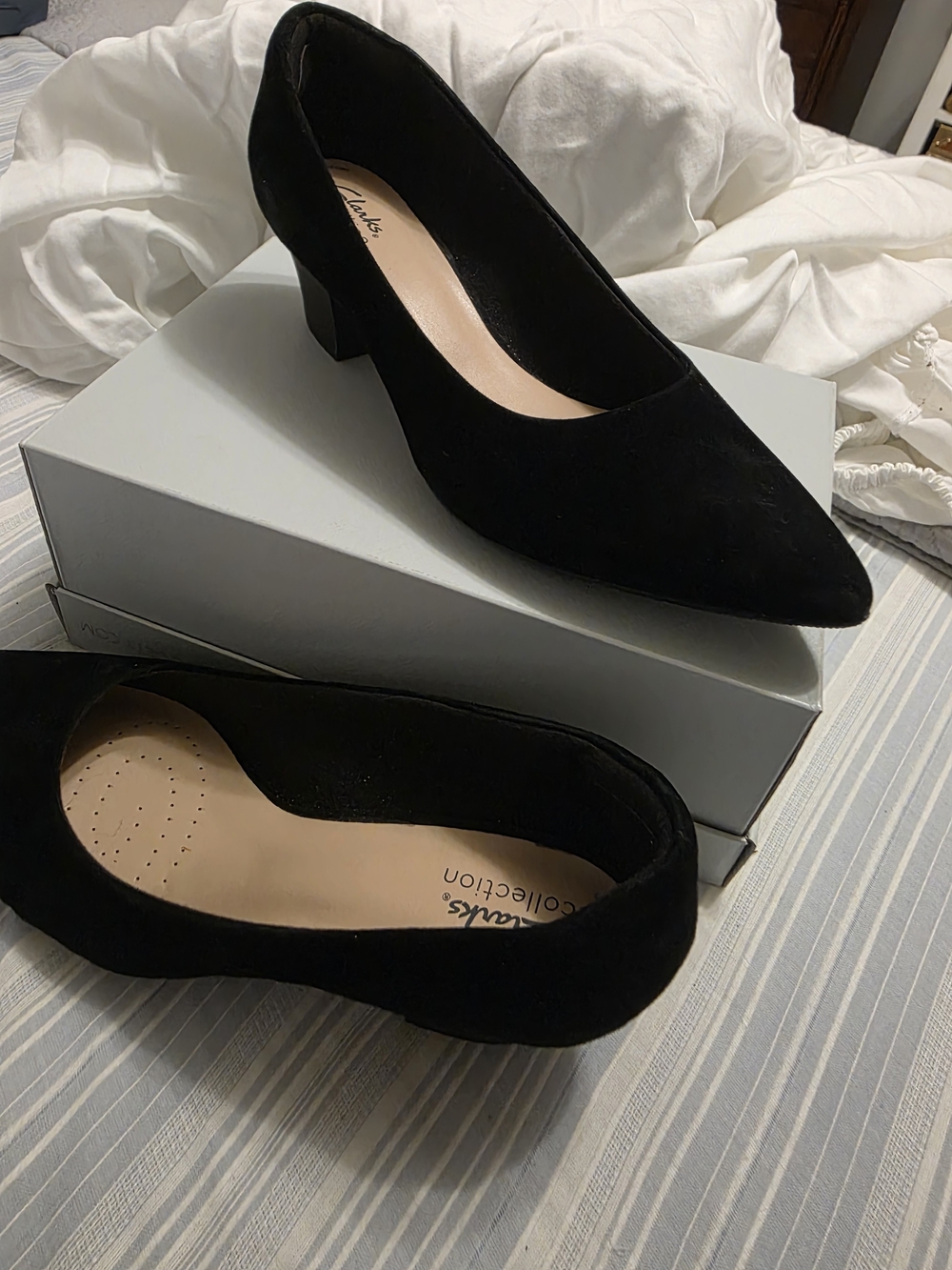 Clarks Black Suede Pointed Toe Low Block Heel Pump